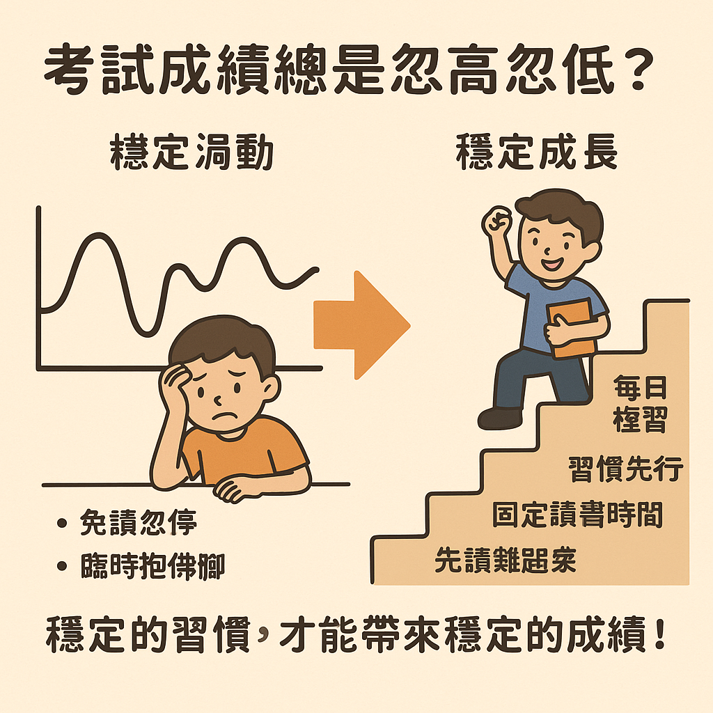 ChatGPT Image 2025年5月31日 下午02_02_28 考試成績總是忽高忽低 如何建立穩定的學習習慣?